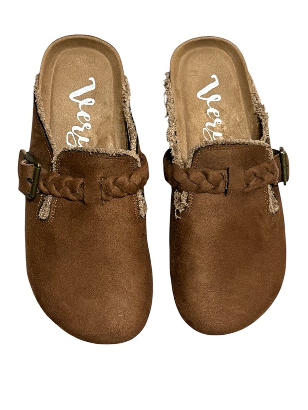 Very G Brown Suede Braided Buckle Slide Clogs - Picture 6 of 9